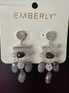 NWT Emberly Silver Tone Pave Bar Gray Simulated Stone Drop Earrings